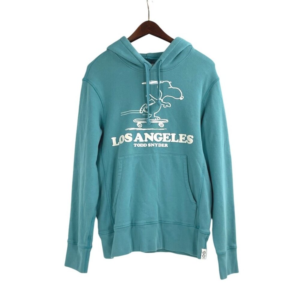Todd Snyder X Peanuts Mens Small Hoodie Teal Los Angeles Graphic Kangaroo Pocket